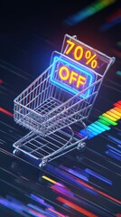 E-commerce sale concept, floating 3D shopping cart with "70% OFF" holographic tag, neon cyber monday text, dark background with data streams 