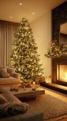 Cozy Christmas living room, decorated tree with twinkling lights, family baking cookies, fireplace glow, 8K realistic detail, warm tones