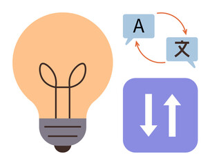 Lightbulb symbolizing innovation beside translation signs with arrows and speech bubbles. Ideal for creativity, language learning, global communication, problem-solving, education, cross-cultural