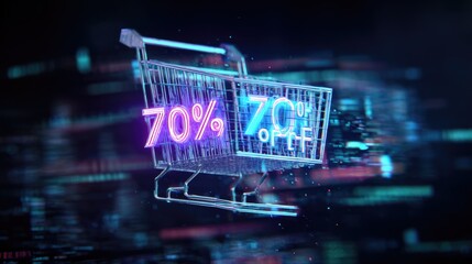 E-commerce sale concept, floating 3D shopping cart with "70% OFF" holographic tag, neon cyber monday text, dark background with data streams 