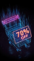E-commerce sale concept, floating 3D shopping cart with "70% OFF" holographic tag, neon cyber monday text, dark background with data streams 