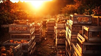 Pumpkin farm at golden hour, overflowing harvest baskets, rustic wooden crates, autumn foliage background, warm color grading, documentary photography style
