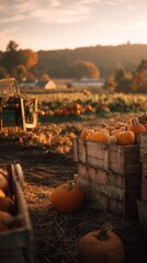 Pumpkin farm at golden hour, overflowing harvest baskets, rustic wooden crates, autumn foliage background, warm color grading, documentary photography style