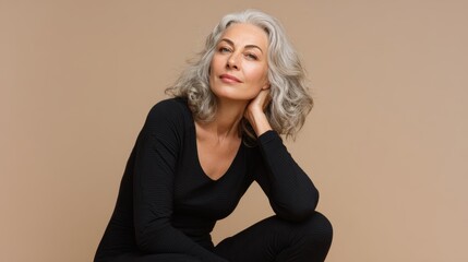 Elegant mature woman posed thoughtfully against a neutral background showcasing natural beauty and grace