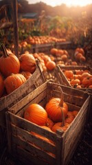 Pumpkin farm at golden hour, overflowing harvest baskets, rustic wooden crates, autumn foliage background, warm color grading, documentary photography style