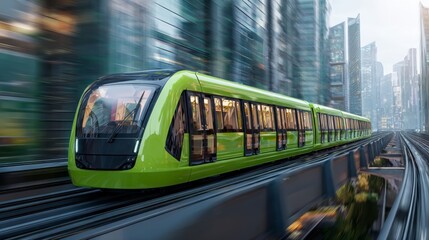 Modern green train gliding through a futuristic cityscape with towering skyscrapers during bright daylight
