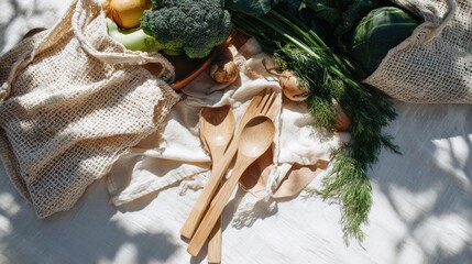 Sustainable lifestyle flat lay, reusable bamboo utensils on kraft paper, fresh produce in cloth bags, natural sunlight