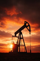 Pump jack operates against a vibrant sunset sky in an oil field during evening hours
