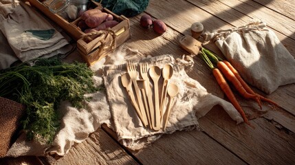 Sustainable lifestyle flat lay, reusable bamboo utensils on kraft paper, fresh produce in cloth bags, natural sunlight