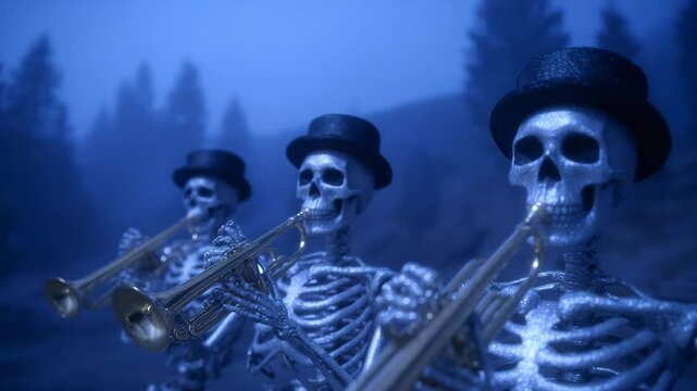 Skeleton Band: Three dapper skeletons in top hats play trumpets in a misty, mysterious setting. A unique Halloween image with a touch of dark humor and whimsical artistry.