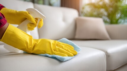 Cleaning a modern couch with a spray cleaner and microfiber cloth during daylight in a cozy living room