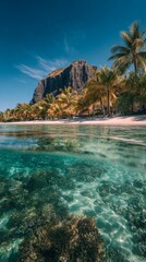 Stunning tropical beach with clear water and lush palm trees under a bright blue sky