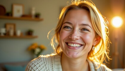 Meditation for new mothers concept. Bright, smiling woman with golden hair, radiating happiness in a cozy indoor setting.