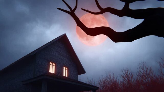Nightfall Shadows: A shadowy house, under a blood moon, in a chilling nighttime scene of mystery and intrigue. The ominous mood is heightened by the silhouette of a tree.