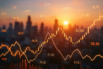Orange financial charts over city skyline at sunset stock market trading