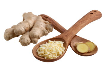 3D Render a wooden spoon with a piece of ginger next to it