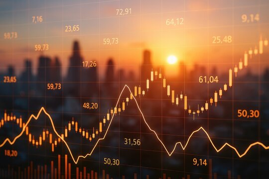 Orange financial charts over city skyline at sunset stock market trading