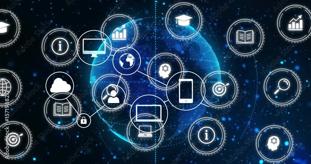 Poster rotating globe initiating icon orbiting and network links forming for digital network visualization