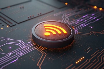 Wi-Fi symbol glowing on a circuit board, representing wireless connection and modern technology networks.