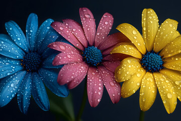three colorful flowers with water droplets on them