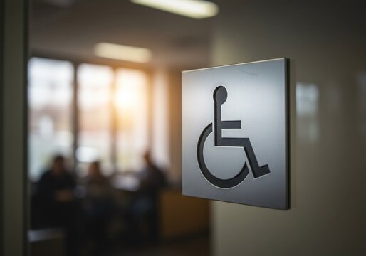 Symbol for disabled access prominently displayed at a meeting facility.