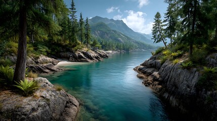 A remote bay with calm teal waters and gently rolling forested hills in the distance. 