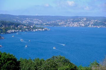 A bird's-eye view of the Bosphorus from a hill. General view of the Bosphorus. Trees, ships passing through the Bosphorus. Forest and greenery. Istanbul - Turkey.