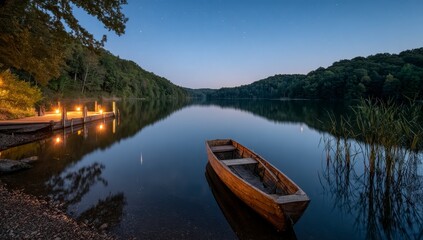 Fototapeta premium Calm lake at twilight, illuminated dock