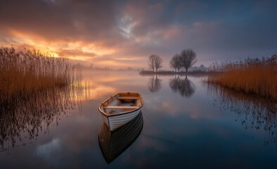 Misty sunrise over tranquil lake, small boat