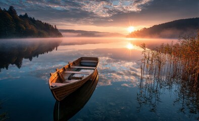 Calm wooden boat on a tranquil lake at sunrise