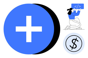 Obraz premium Blue plus sign, woman working on coding tasks, and dollar symbol coin emphasizing collaboration, coding, and financial growth. Ideal for tech startups, productivity, innovation, teamwork coding