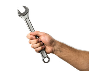 Man hand holding a spanner isolated on a transparent background