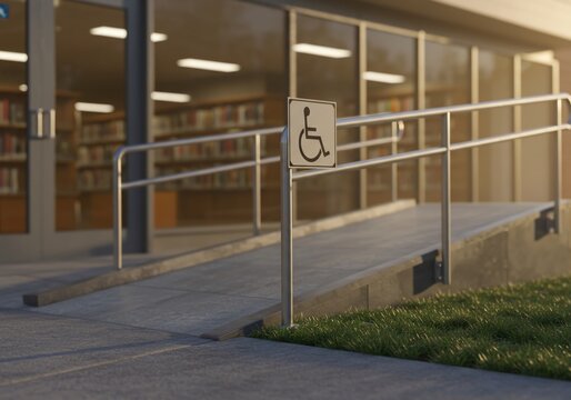 A modern building featuring an access ramp and handicap accessibility for library users.