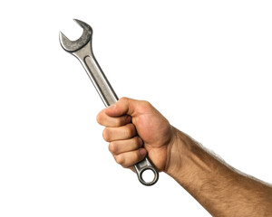 Man hand holding a spanner isolated on a transparent background
