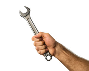 Man hand holding a spanner isolated on a transparent background
