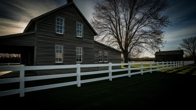 Historic Farmhouse at Dusk with White Fence