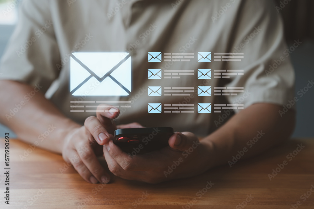 Poster person using a smartphone with email icons. digital email send and receive concept, communication, d