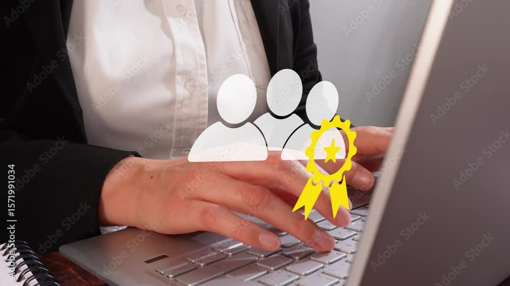 Poster close-up of the hands of a professional using a computer, with an icon of a group of people with a r