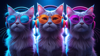 Neon Cats with Headphones and Sunglasses – Funky Pet Portrait Trio
