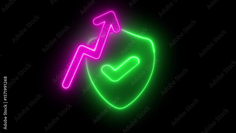 Poster neon light effect animation of shield icon with check mark and rising arrow