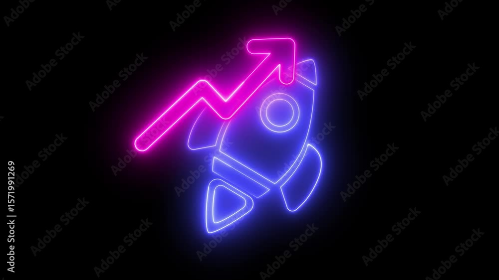 Poster neon light effect animation of rocket icon with rising arrow