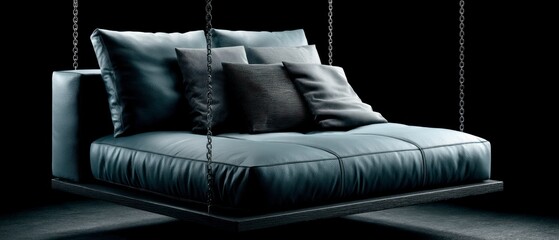 A plush modern hanging daybed with multiple grey cushions suspended by metal chains