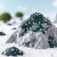 Textured grey mountain peak covered with small beads and green fabric surrounded by white spheres under a cloudy sky