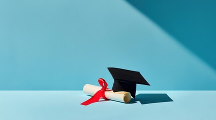 Graduation Cap and Diploma on Blue Background Education Achievement Concept