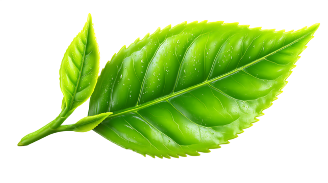 Fresh Green Tea Leaf with Water Drops on See Through Background