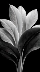 Close up detail of textured plant leaves in black and white soft lighting highlights intricate vein patterns