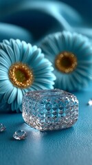 Blue gerbera daisies with clear faceted crystal and scattered diamonds