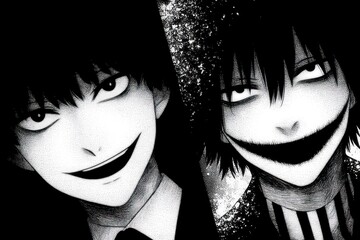 Two anime style characters with dark expressive eyes and wide smiles drawn in black and white