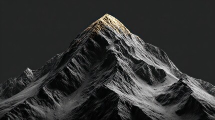Rugged grey mountain peak illuminated by a golden sunbeam against a dark sky