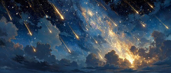 Shooting stars streak across a twilight sky filled with clouds and distant galaxies